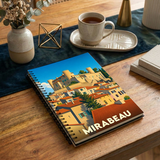 Carnet à spirales souvenir de la ville de Mirabeau avec une illustration stylisée de son château et de ses maisons provençales.