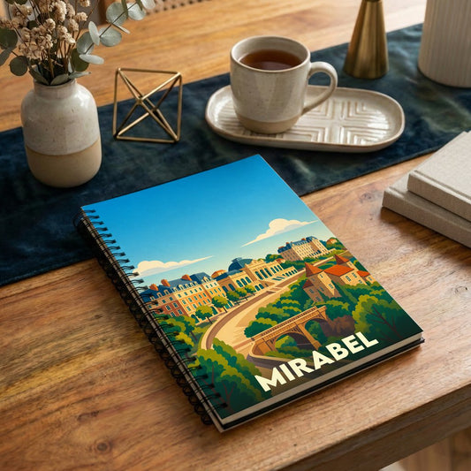 Carnet à spirales souvenir de la ville de Mirabel avec une illustration stylisée et colorée.