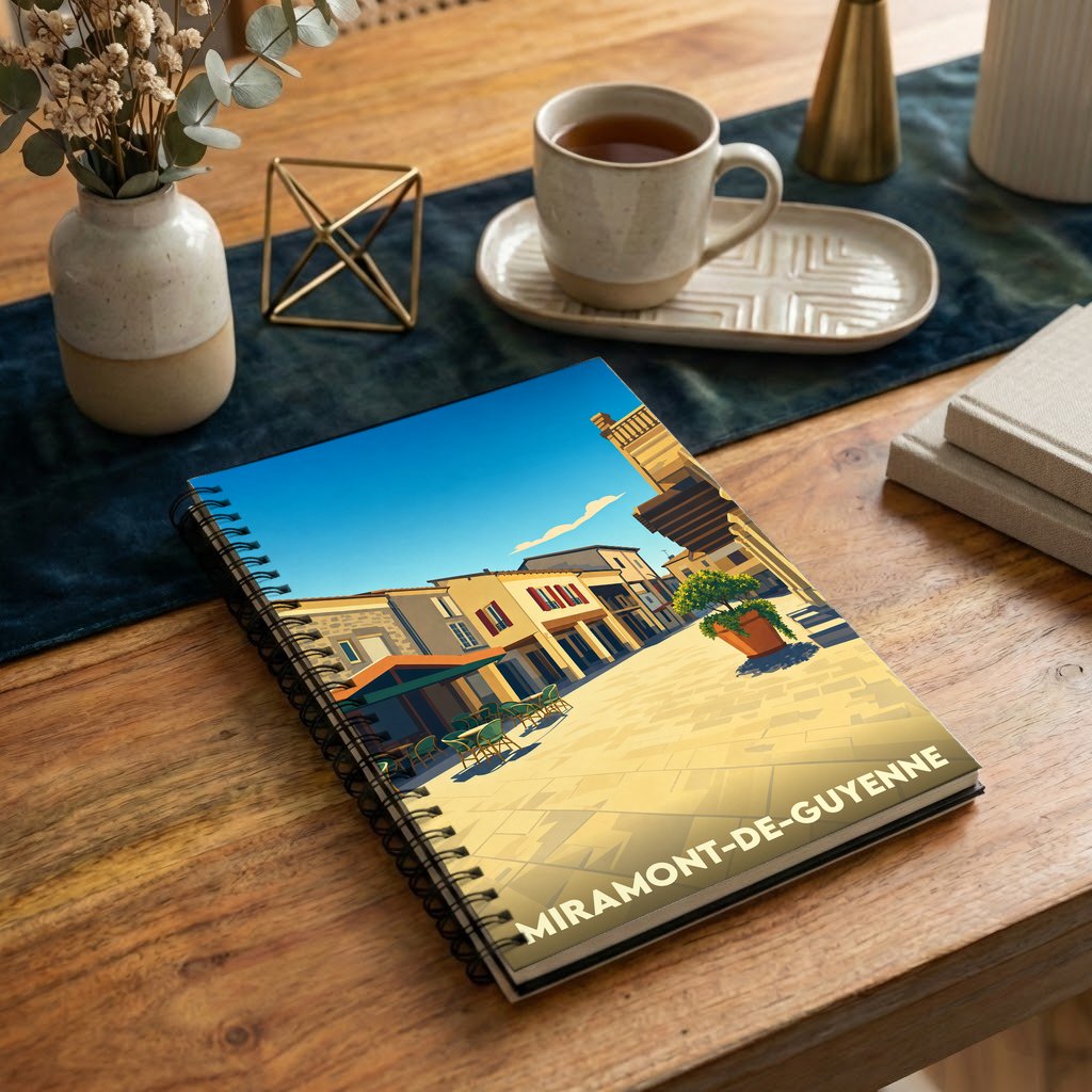 Carnet à spirales souvenir de la ville de Miramont-de-Guyenne avec une illustration stylisée.