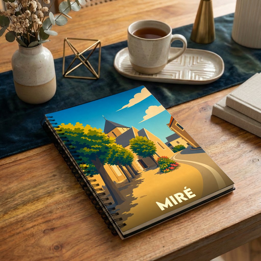 Carnet à spirales souvenir de la ville de Miré avec une illustration stylisée et colorée.