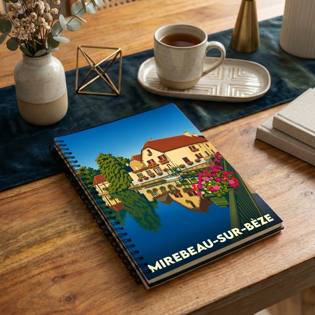 Carnet souvenir de la ville de Mirebeau-sur-Bèze avec une illustration stylisée d'une maison au bord de l'eau.