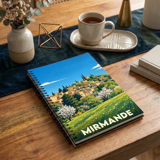 Carnet à spirales souvenir de la ville de Mirmande avec une illustration stylisée d'un village perché.