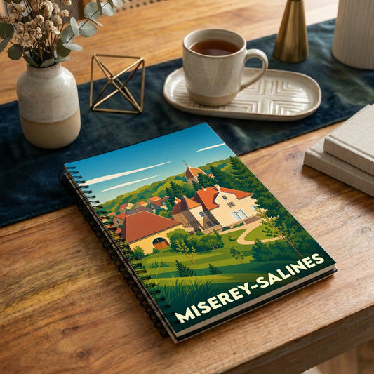 Carnet à spirales souvenir de la ville de Miserey-Salines avec une illustration de paysage stylisée.