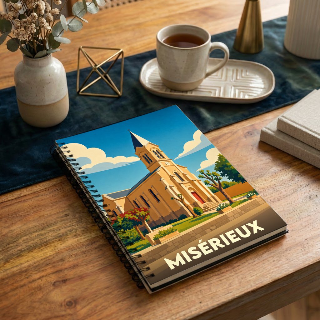 Carnet à spirales souvenir de la ville de Misérieux avec une illustration stylisée de son église.