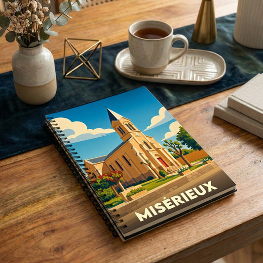 Carnet à spirales souvenir de la ville de Misérieux avec une illustration stylisée de son église.
