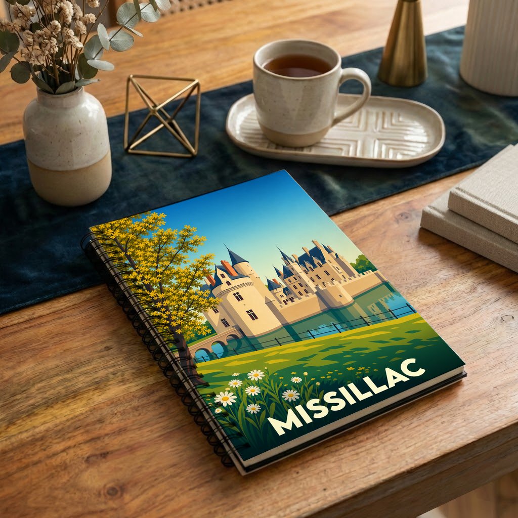 Carnet à spirale souvenir de la ville de Missillac avec une illustration stylisée d'un château au bord de l'eau.