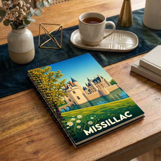 Carnet à spirale souvenir de la ville de Missillac avec une illustration stylisée d'un château au bord de l'eau.