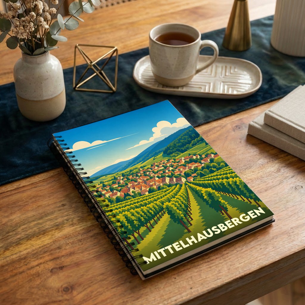 Carnet de notes souvenir de la ville de Mittelhausbergen avec une illustration stylisée de ses vignobles.