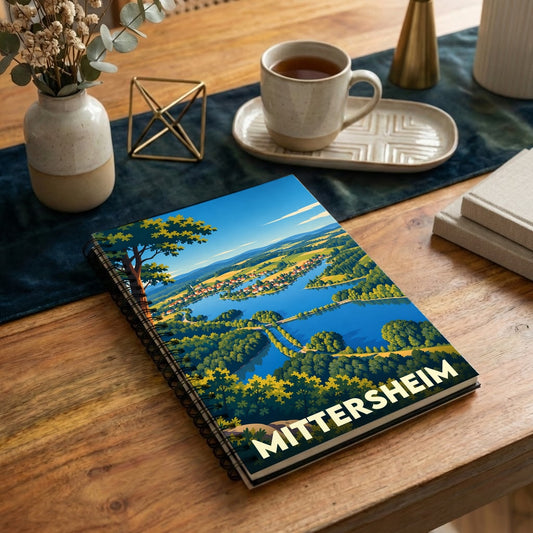 Carnet à spirale souvenir de la ville de Mittersheim avec une illustration paysagère stylisée.