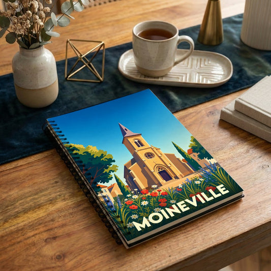 Carnet à spirales souvenir de la ville de Moineville orné d'une illustration stylisée de son église et de fleurs.
