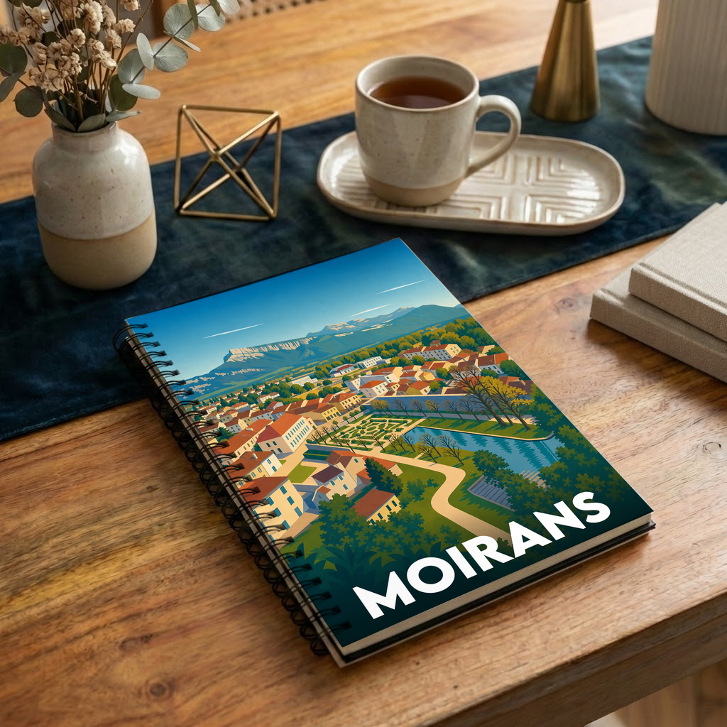 Carnet à spirales souvenir de la ville de Moirans avec une illustration colorée et stylisée du paysage urbain.