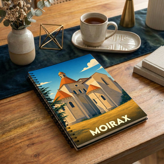 Carnet à spirales souvenir de la ville de Moirax illustré d'un dessin stylisé de son église romane.