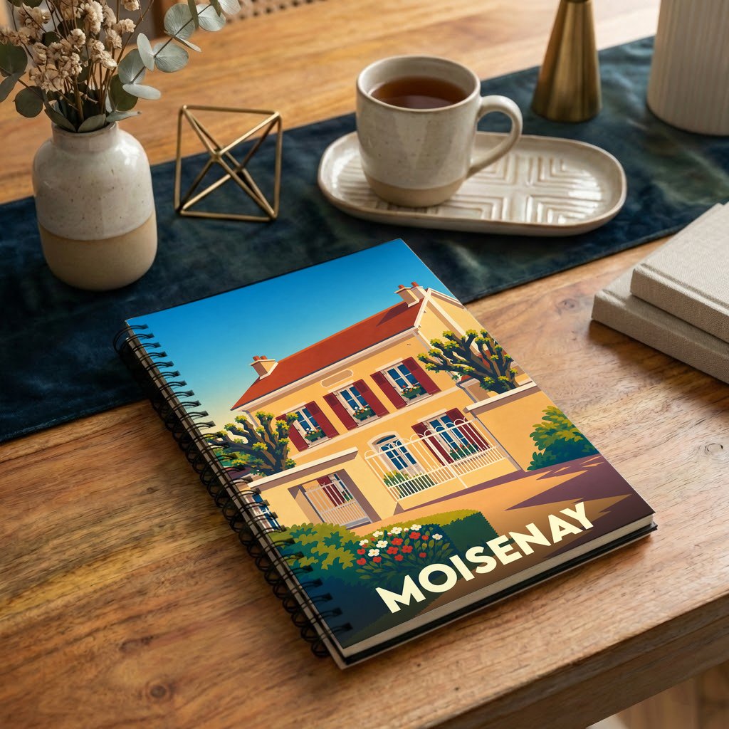 Carnet à spirales souvenir de la ville de Moisenay avec une illustration stylisée d'une maison traditionnelle.