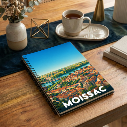 Carnet à spirales souvenir de la ville de Moissac avec une illustration stylisée et colorée.