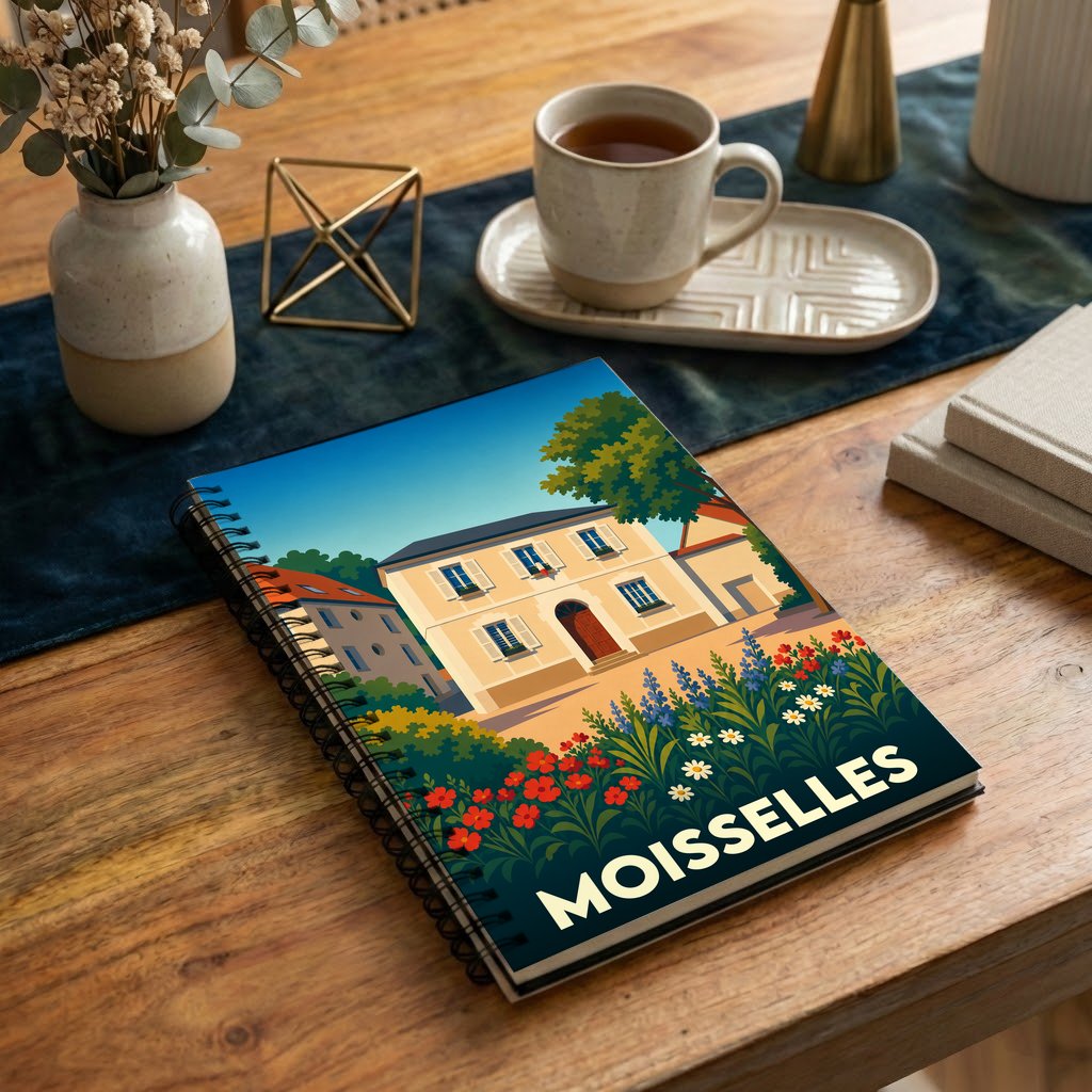 Carnet à spirales souvenir de la ville de Moisselles avec une illustration stylisée et fleurie.