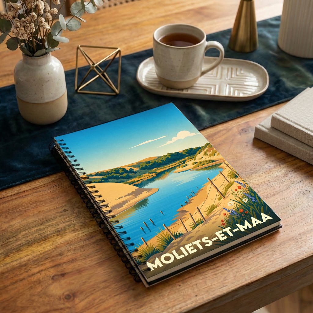 Carnet de notes à spirales souvenir de la ville de Moliets-et-Maa avec une illustration de paysage côtier stylisée.