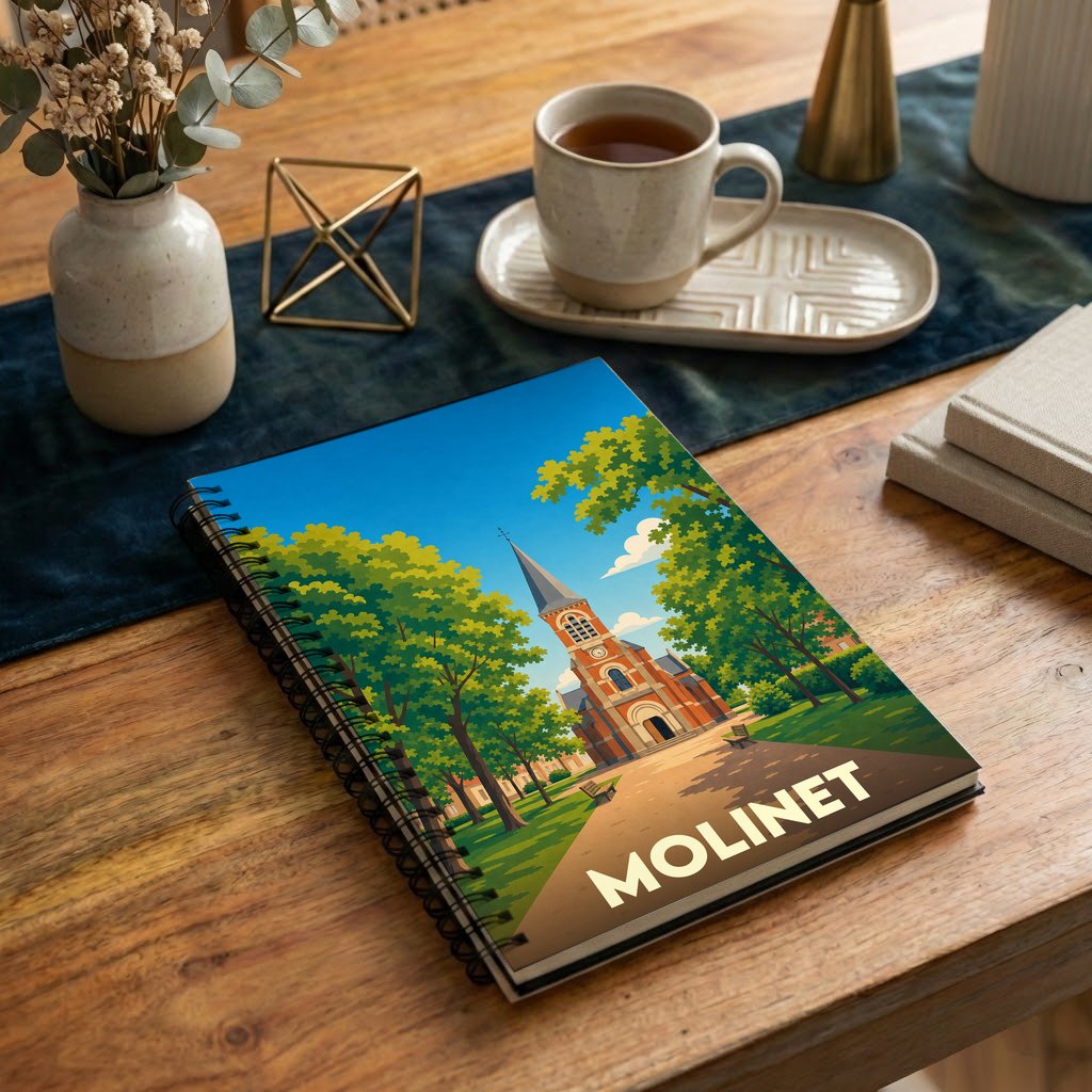 Carnet à spirales souvenir de la ville de Molinet avec une illustration stylisée de son église.