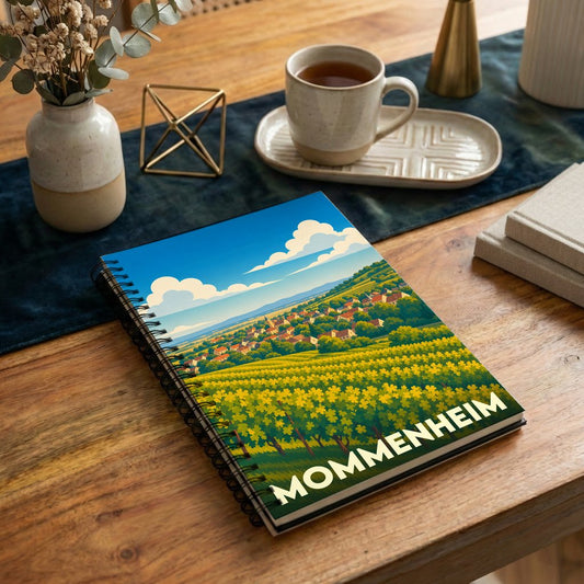Carnet à spirales souvenir de la ville de Mommenheim avec une illustration stylisée de ses vignobles.