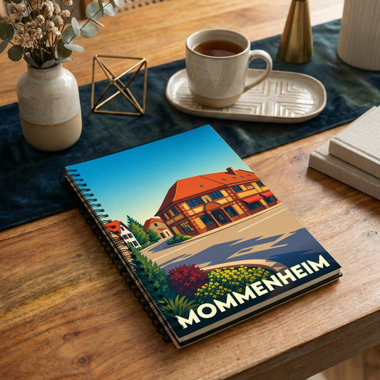 Carnet à spirales souvenir de la ville de Mommenheim avec une illustration stylisée d'une maison à colombages.