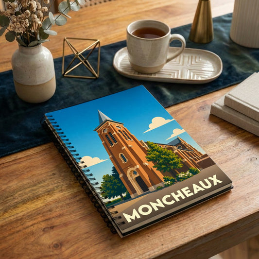 Carnet à spirales souvenir de la ville de Moncheaux avec une illustration stylisée de son église.