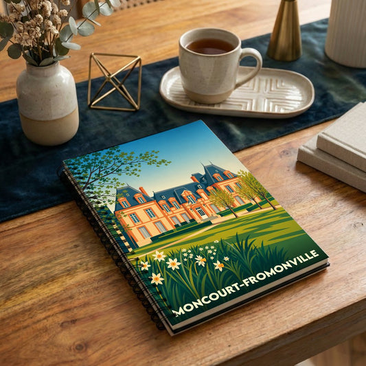 Carnet à spirales souvenir de la ville de Moncourt-Fromonville avec une illustration stylisée d'un château.