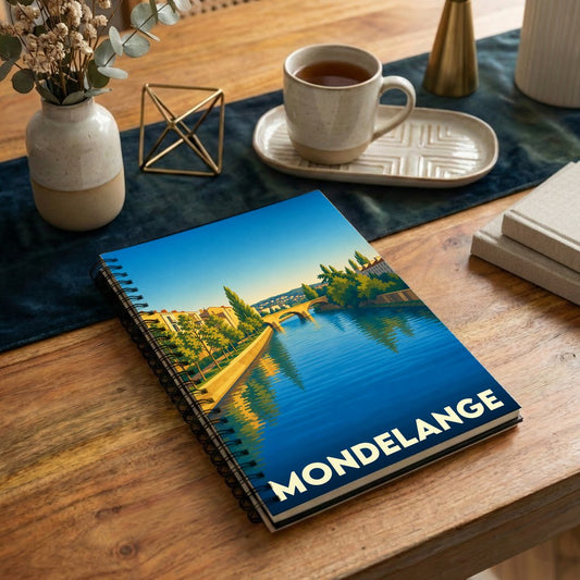 Carnet souvenir de la ville de Mondelange avec une illustration stylisée d'un paysage fluvial.