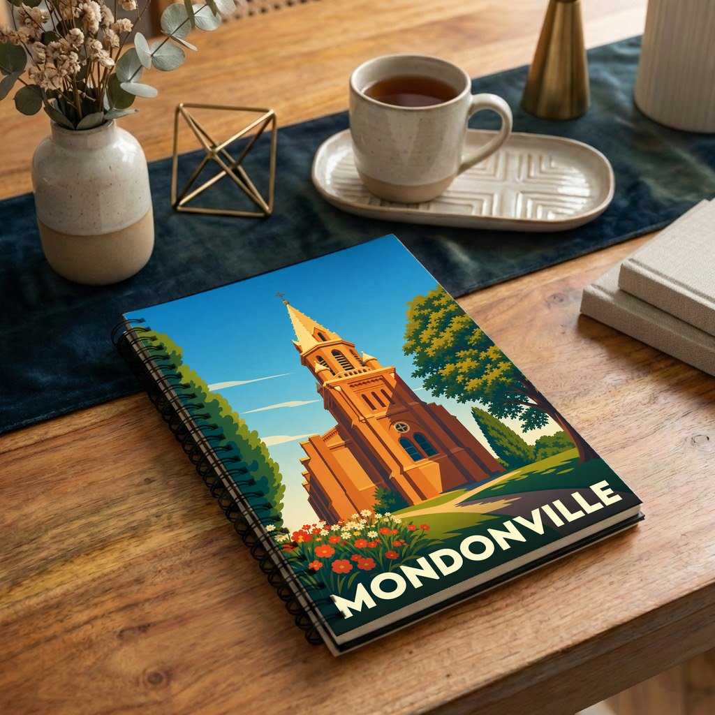 Carnet souvenir de la ville de Mondonville avec une illustration stylisée de son église.