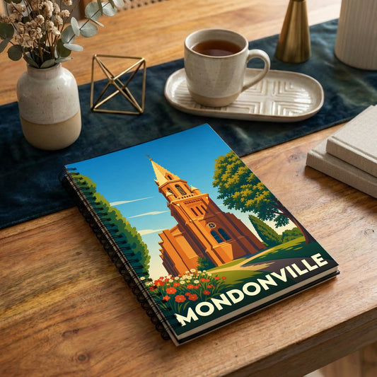 Carnet souvenir de la ville de Mondonville avec une illustration stylisée de son église.