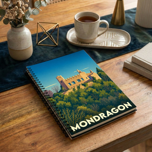 Carnet souvenir de la ville de Mondragon illustré d'un château surplombant une forêt.