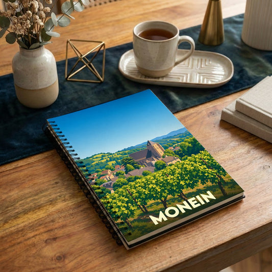 Carnet souvenir de la ville de Monein avec une illustration stylisée de son paysage de vignobles.