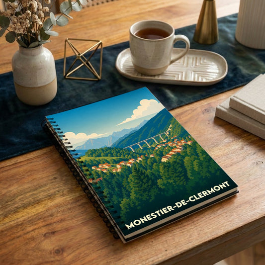 Carnet à spirales souvenir de la ville de Monestier-de-Clermont illustré d'un paysage de montagne stylisé.