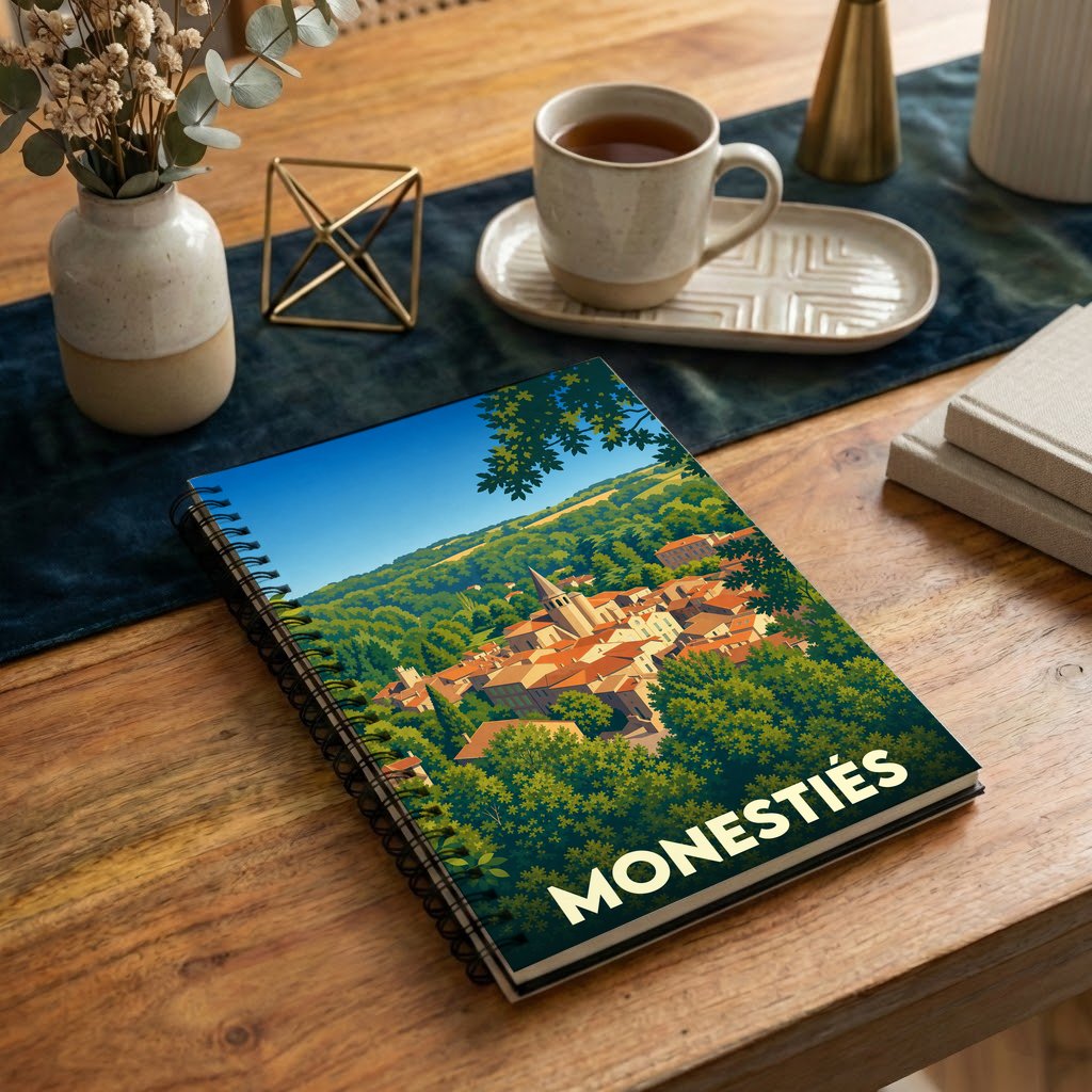 Carnet à spirales souvenir de la ville de Monestiés illustré par une vue panoramique stylisée.