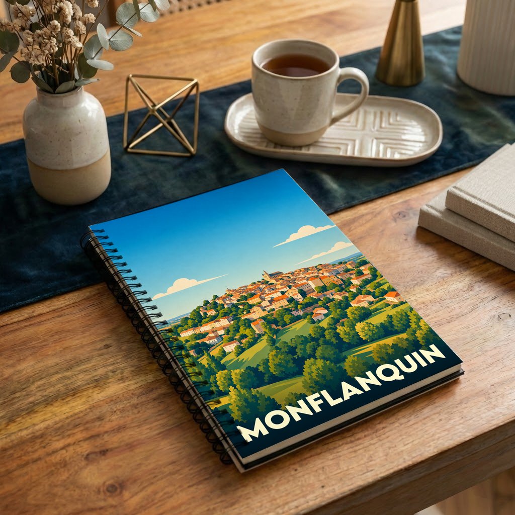 Carnet souvenir de la ville de Monflanquin avec une illustration stylisée de sa bastide et de son paysage vallonné.