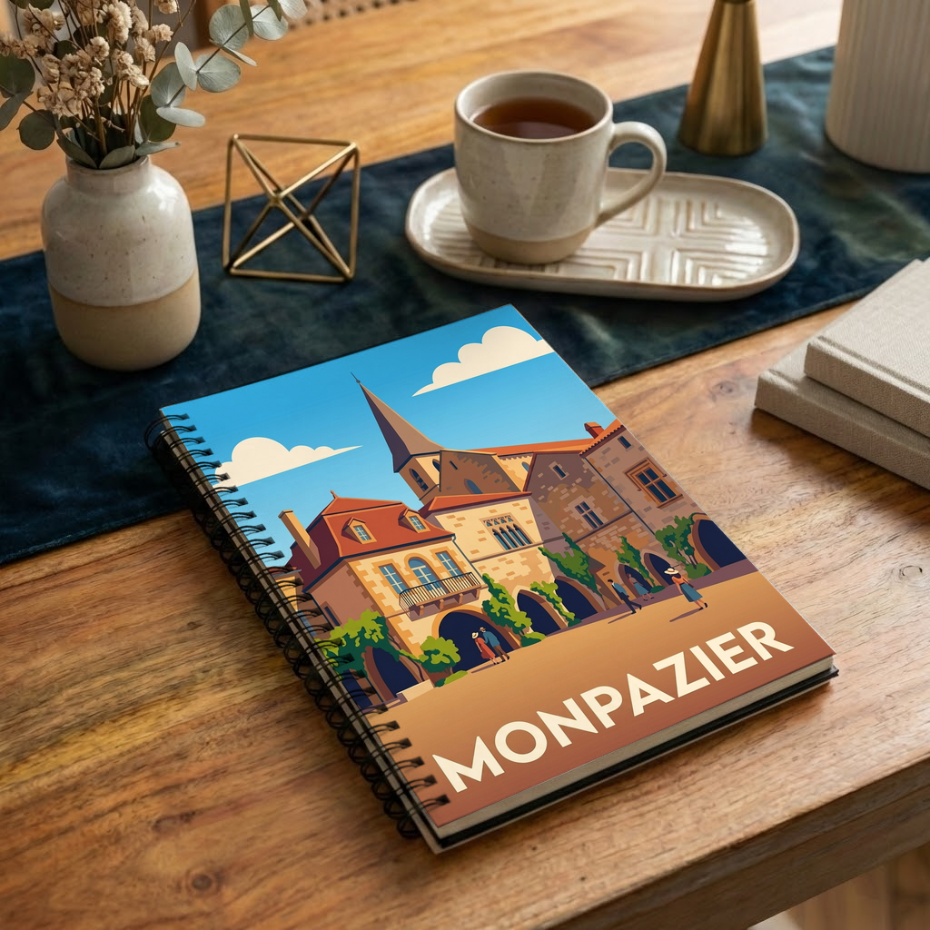 Carnet souvenir de la ville de Monpazier avec une illustration stylisée.