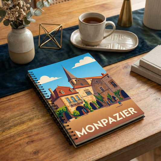 Carnet souvenir de la ville de Monpazier avec une illustration stylisée.