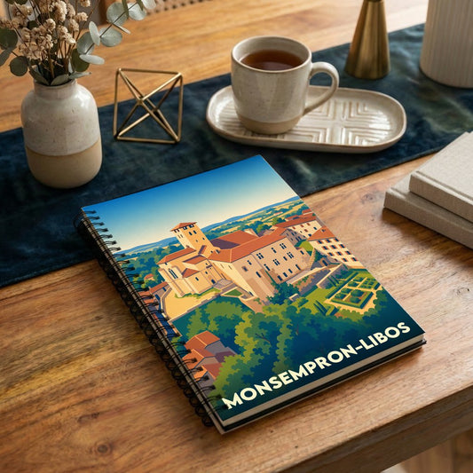 Carnet à spirales souvenir de Monsempron-Libos avec une illustration graphique colorée de la ville.