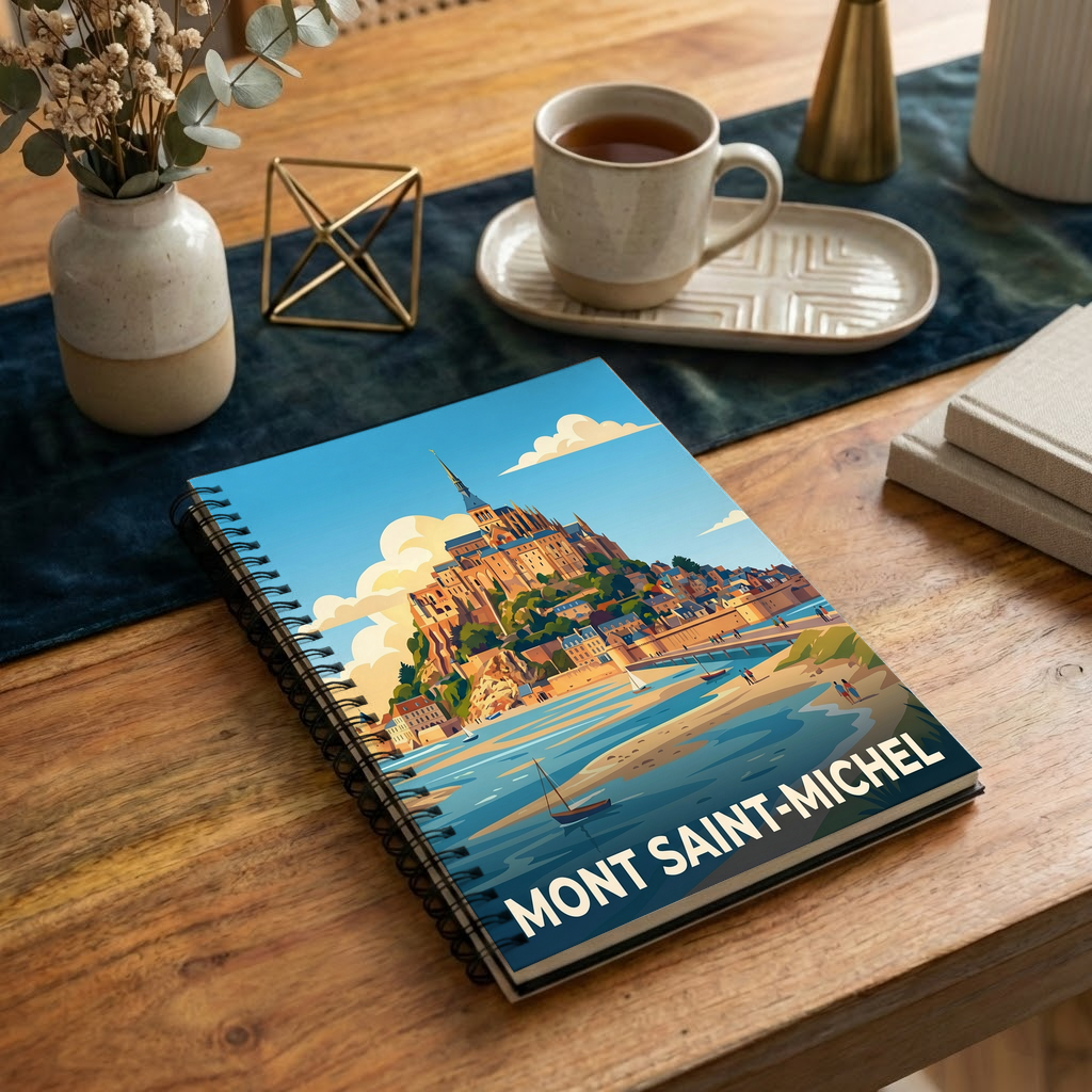 Carnet souvenir du Mont Saint-Michel avec une illustration stylisée.