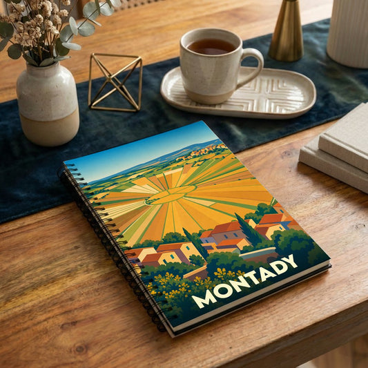 Carnet à spirales souvenir de la ville de Montady avec une illustration stylisée de ses paysages circulaires.