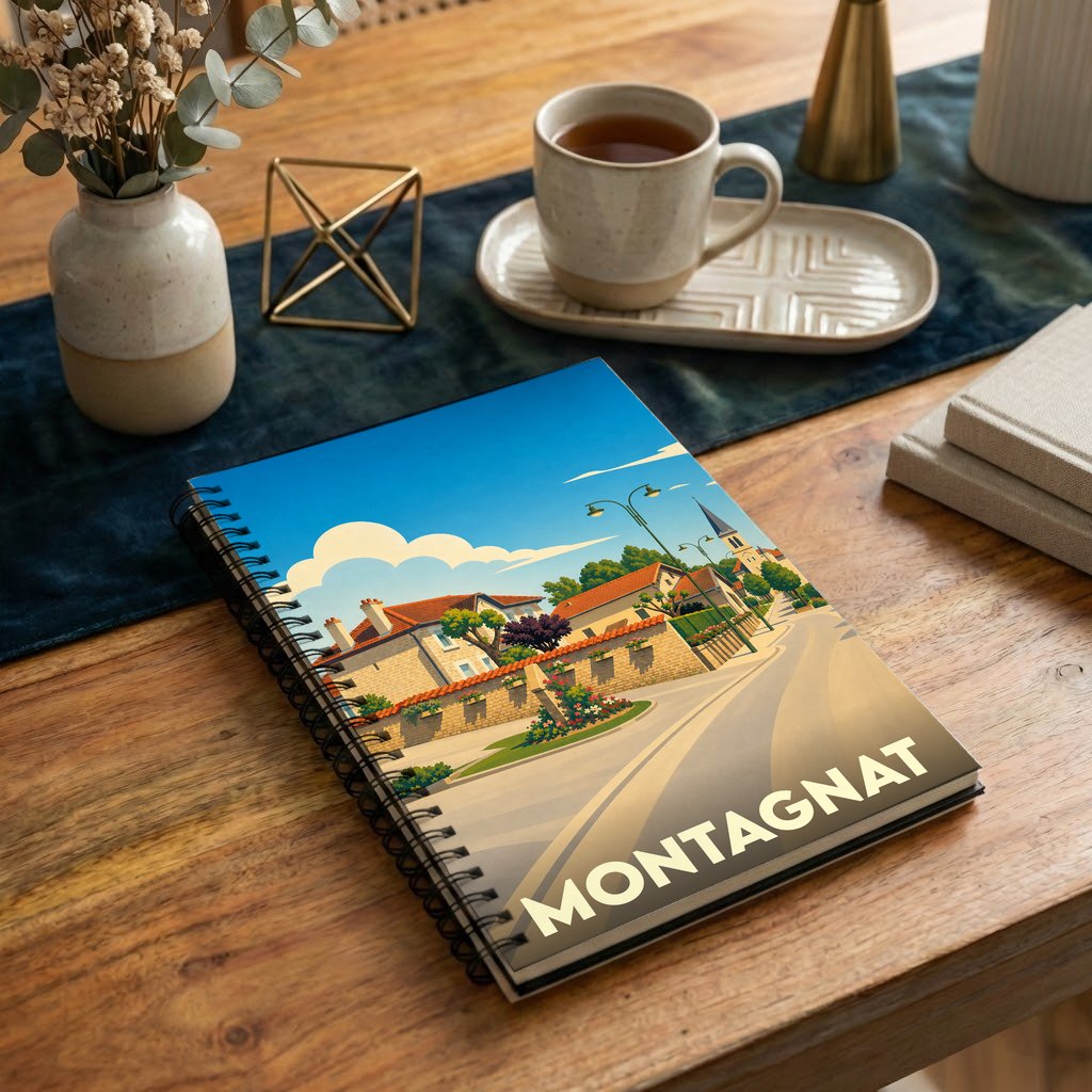 Carnet à spirales souvenir de la ville de Montagnat avec une illustration stylisée.