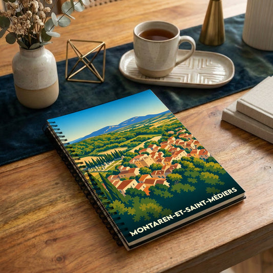 Carnet à spirales souvenir de Montaren-et-Saint-Médiers avec une illustration stylisée du village et de son paysage.