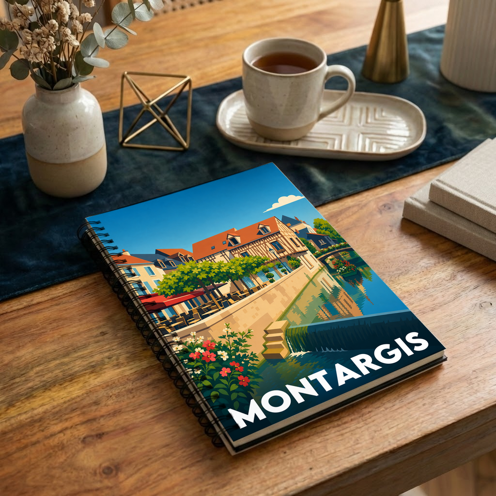 Carnet souvenir de la ville de Montargis avec une illustration stylisée.