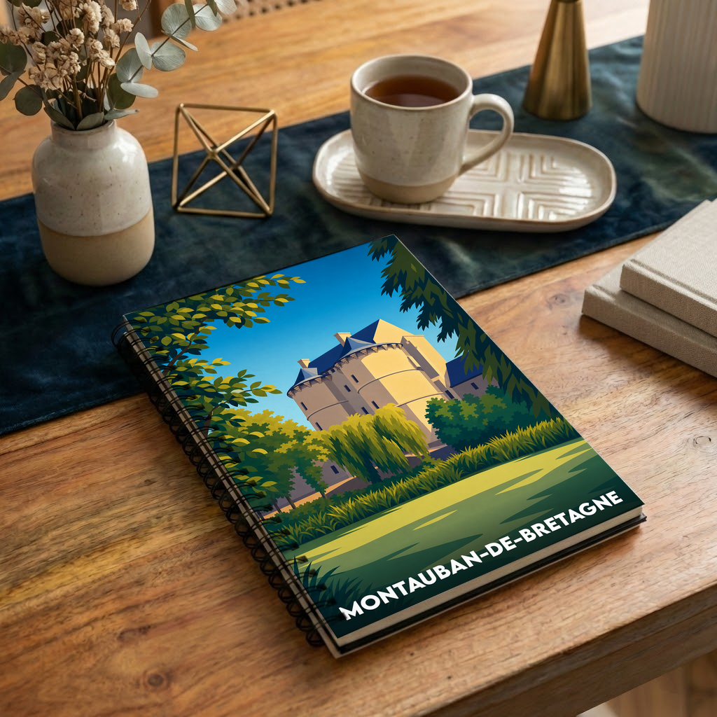 Carnet à spirales souvenir de Montauban-de-Bretagne avec une illustration stylisée de son château.