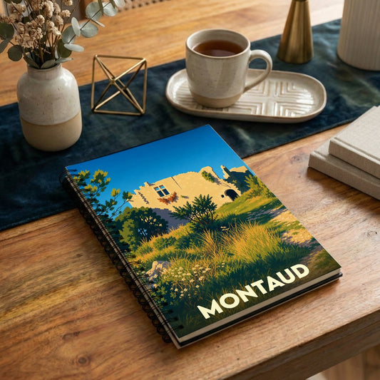 Carnet souvenir de la ville de Montaud orné d'une illustration stylisée de paysages et de ruines.