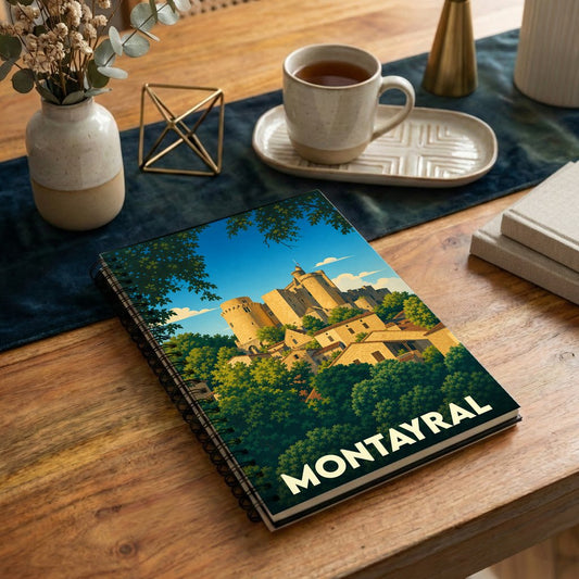 Carnet de notes à spirales souvenir de la ville de Montayral avec une illustration stylisée d'un château médiéval.