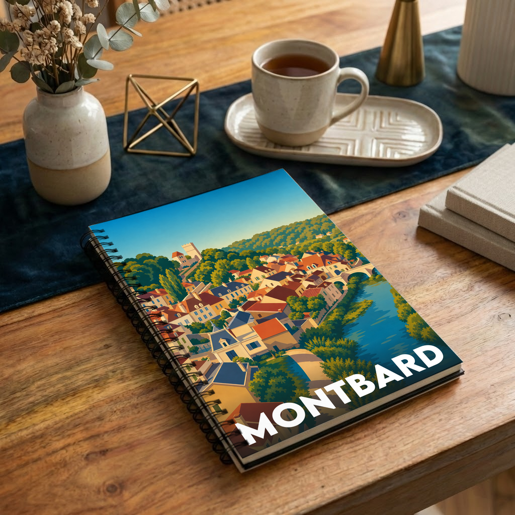 Carnet souvenir de la ville de Montbard avec une illustration stylisée.