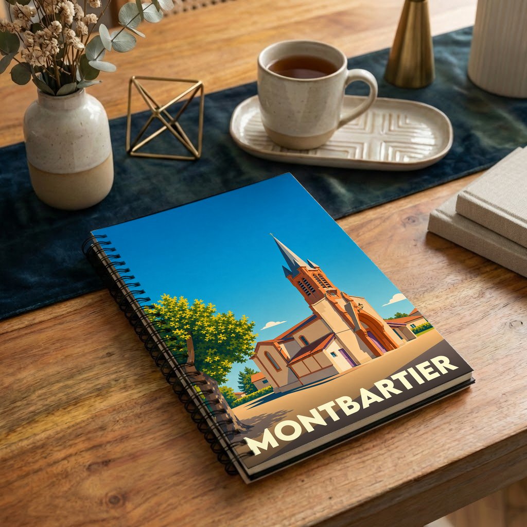 Carnet à spirales souvenir de la ville de Montbartier avec une illustration stylisée de son église.