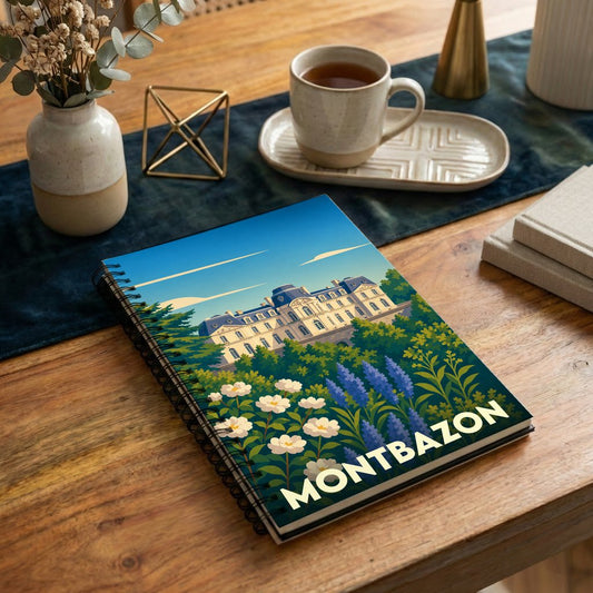 Carnet souvenir de la ville de Montbazon avec une illustration stylisée d'un château fleuri.