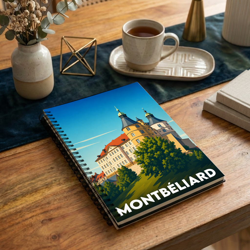Carnet souvenir de la ville de Montbéliard avec une illustration stylisée.