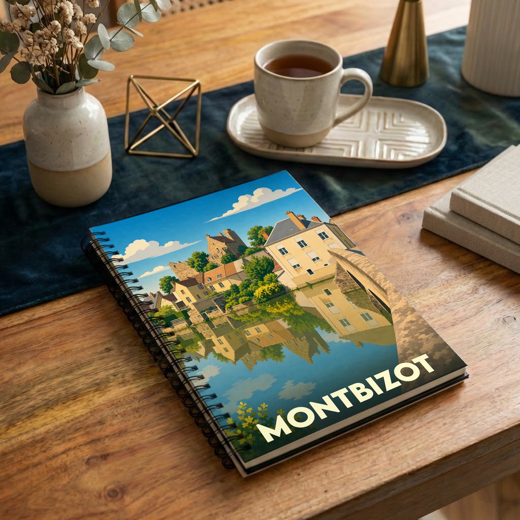 Carnet de notes souvenir de la ville de Montbizot avec une illustration stylisée de ses reflets sur l'eau.