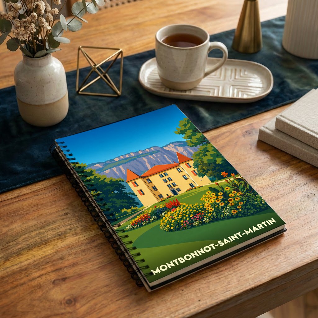 Carnet à spirales souvenir de la ville de Montbonnot-Saint-Martin avec une illustration stylisée de son château.